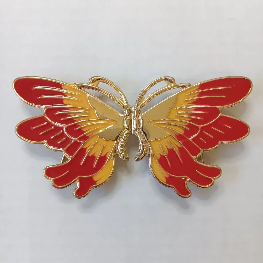 Lot of 2 Vintage 1980s Golden Metal Enamel Butterfly And Scroll Belt Buckles